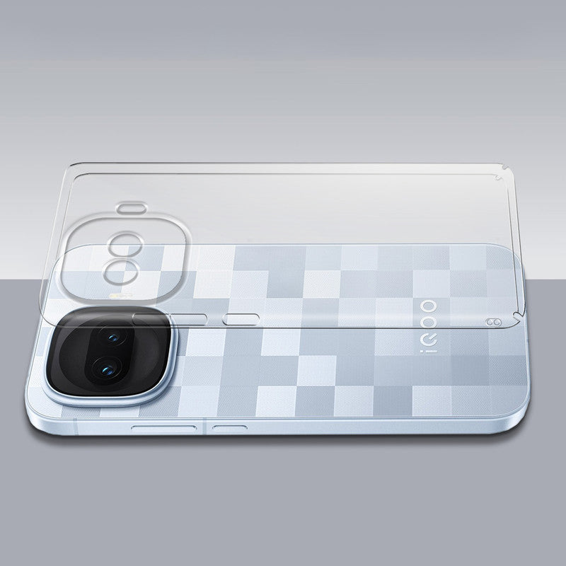 Transparent hard back case being installed on iQOO 15R 5G showing perfect alignment and camera protection fit