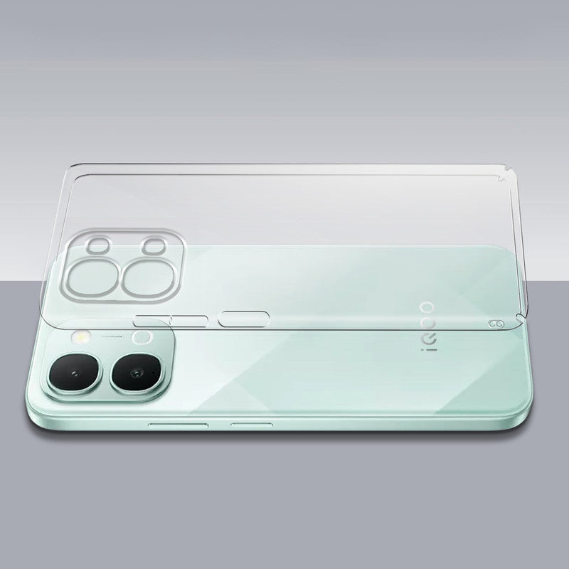 Transparent hard back case being installed on iQOO Z11x 5G showing perfect alignment and camera protection fit