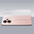 Transparent hard back case being installed on Realme 15 5G showing perfect alignment and camera protection fit
