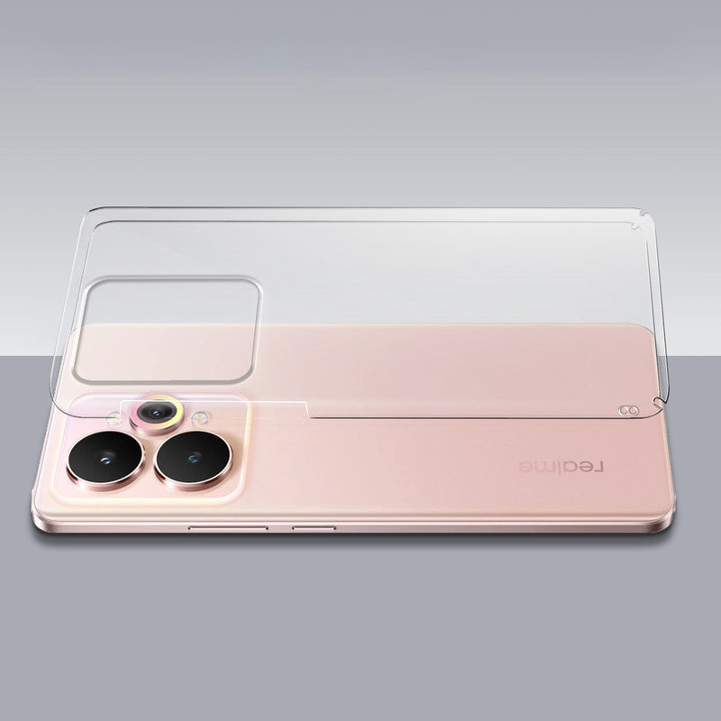 Transparent hard back case being installed on Realme 15 5G showing perfect alignment and camera protection fit