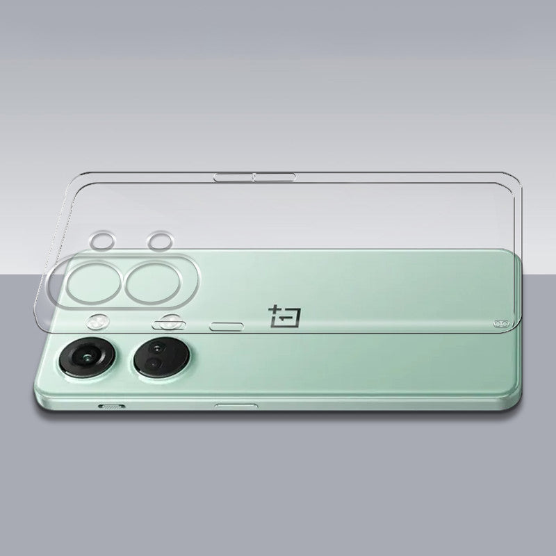 Transparent hard back case being installed on OnePlus Nord 3 5G showing perfect alignment and camera protection fit