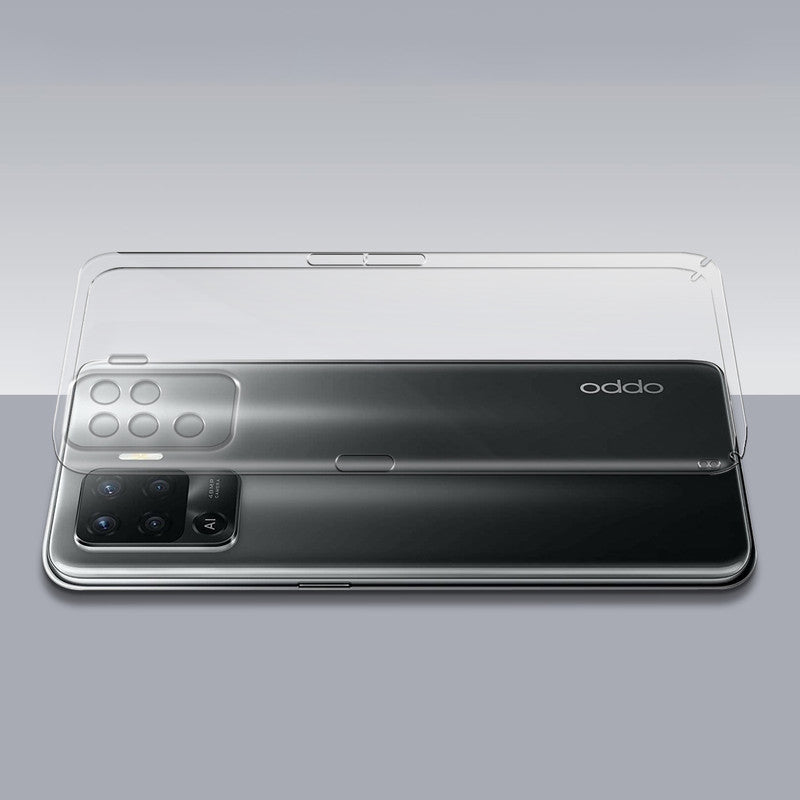 Transparent hard back case being installed on Oppo F19 Pro 4G showing perfect alignment and camera protection fit
