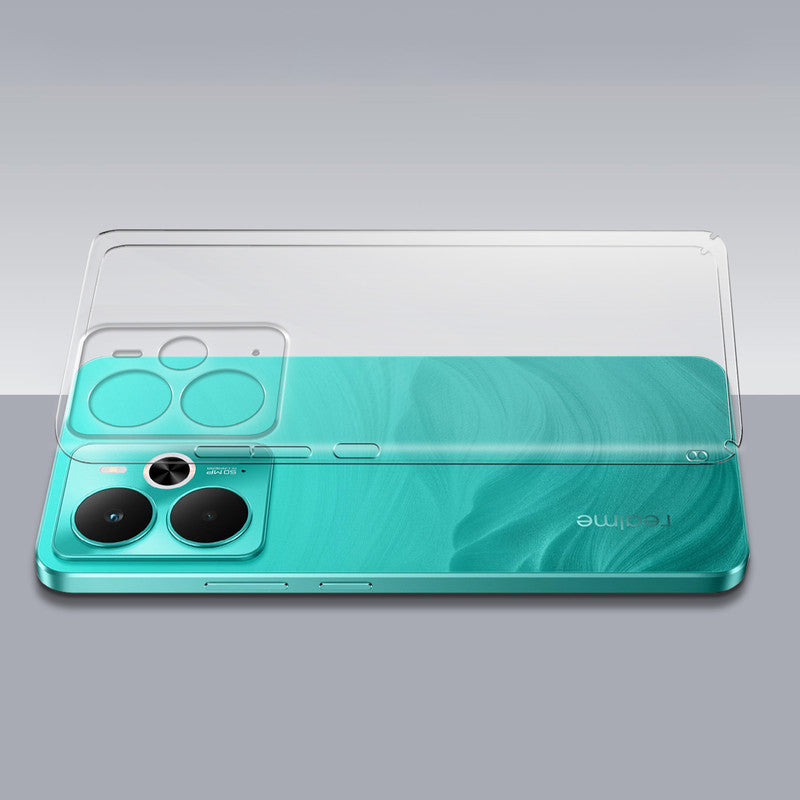 Transparent hard back case being installed on Realme 14 5G showing perfect alignment and camera protection fit