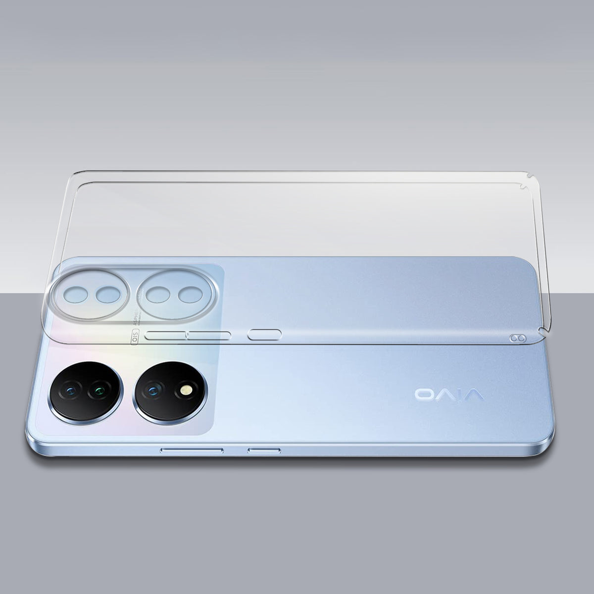 Transparent hard back case being installed on Vivo T2 5G showing perfect alignment and camera protection fit