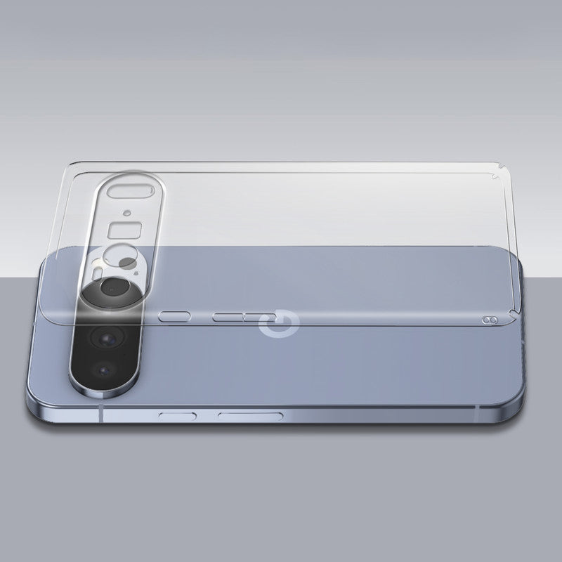 Transparent hard back case being installed on Google Pixel 10 Pro XL 5G showing perfect alignment and camera protection fit