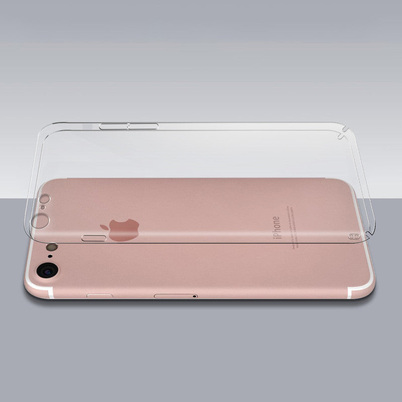 Transparent hard back case being installed on Apple iPhone 8 showing perfect alignment and camera protection fit