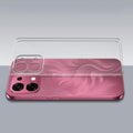 Transparent hard back case being installed on Oppo F31 5G showing perfect alignment and camera protection fit