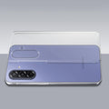 Transparent hard back case being installed on Samsung M17 5G showing perfect alignment and camera protection fit