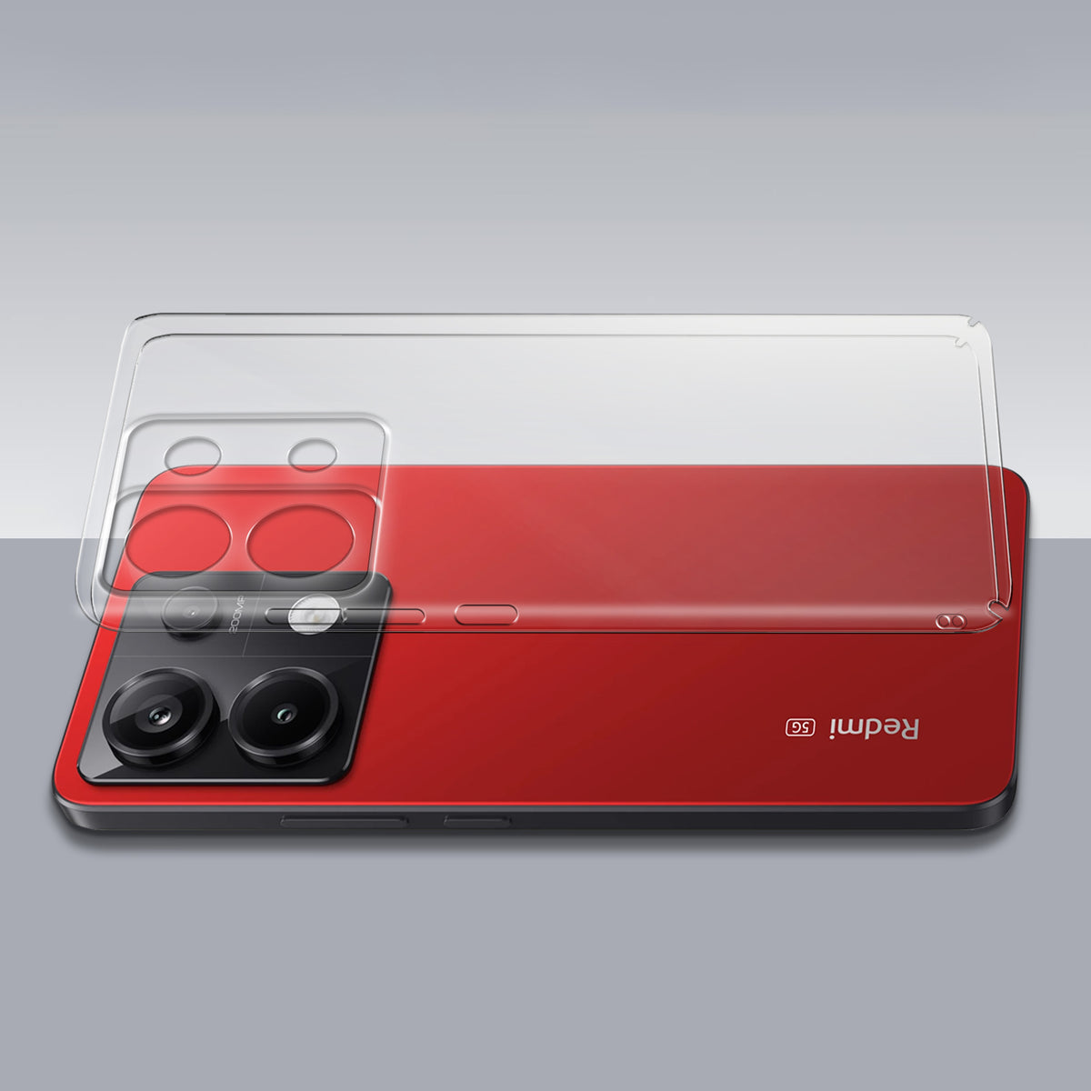 Transparent hard back case being installed on Redmi Note 13 Pro 5G showing perfect alignment and camera protection fit