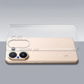 Transparent hard back case being installed on Vivo T4 Pro 5G showing perfect alignment and camera protection fit