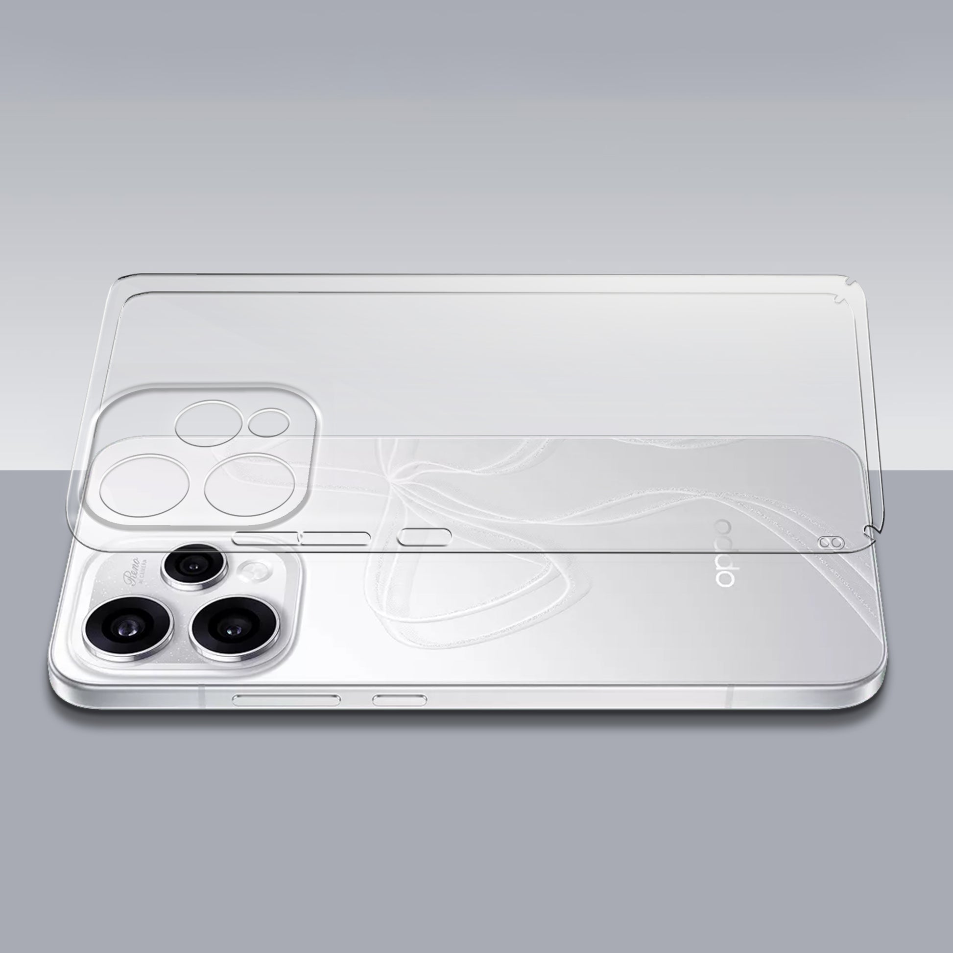 Transparent hard back case being installed on Oppo Reno 15 5G showing perfect alignment and camera protection fit