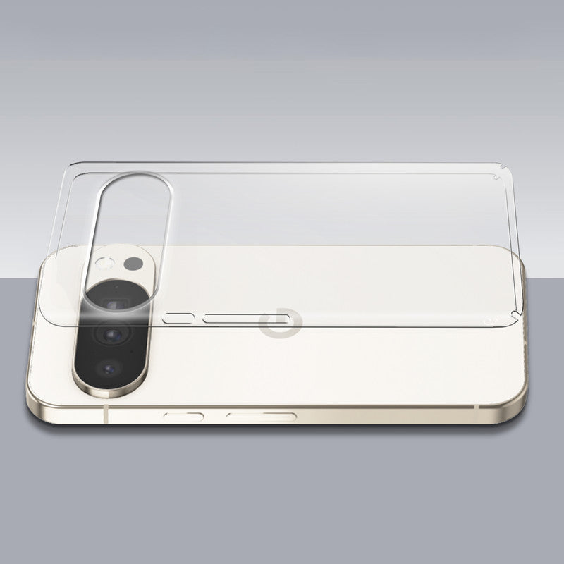 Transparent hard back case being installed on Google Pixel 10 Pro 5G showing perfect alignment and camera protection fit