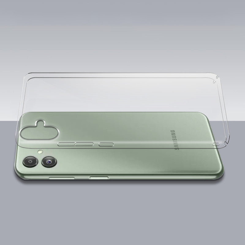 Transparent hard back case being installed on Samsung M04 showing perfect alignment and camera protection fit