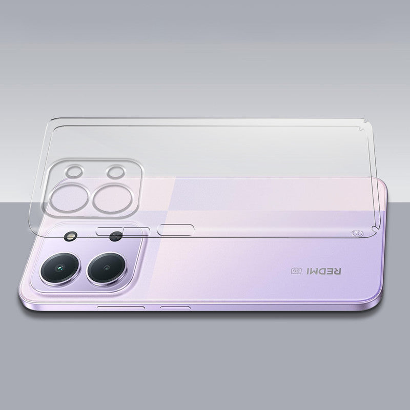 Transparent hard back case being installed on Redmi 15C 5G showing perfect alignment and camera protection fit