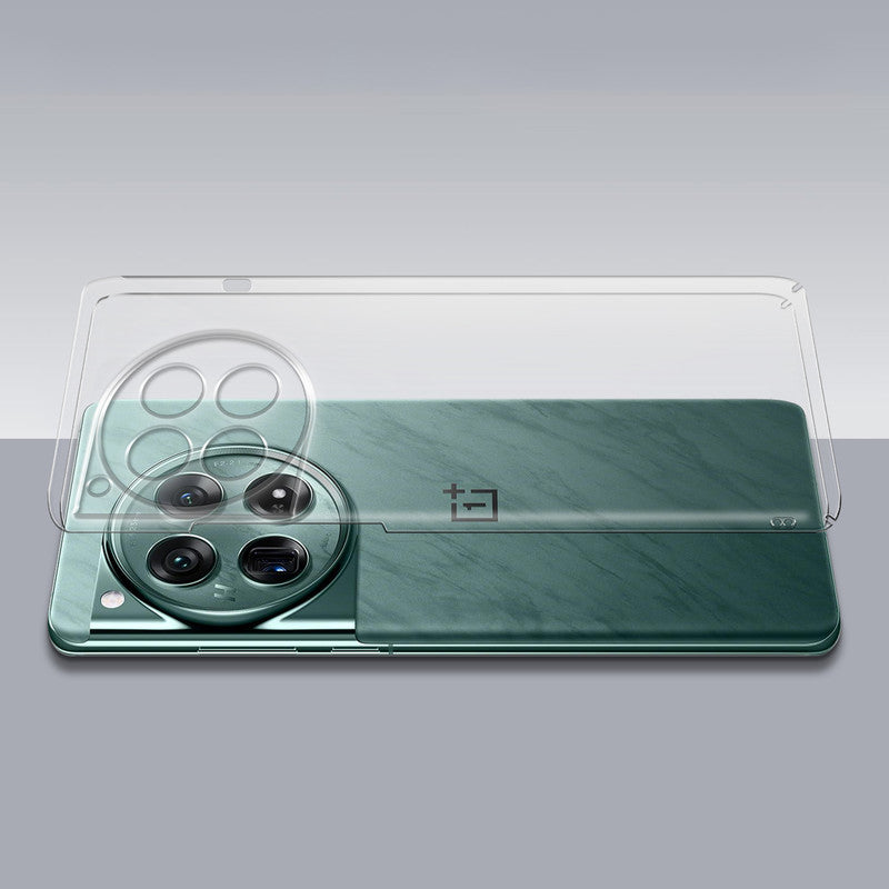 Transparent hard back case being installed on OnePlus 12R 5G showing perfect alignment and camera protection fit