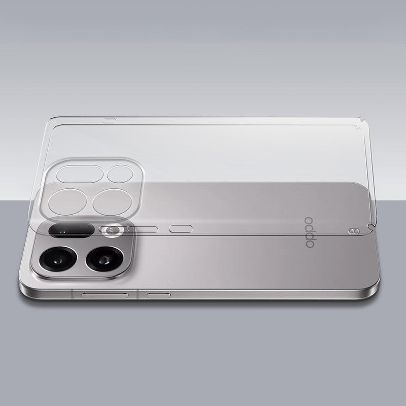 Transparent hard back case being installed on Oppo Find X9 5G showing perfect alignment and camera protection fit
