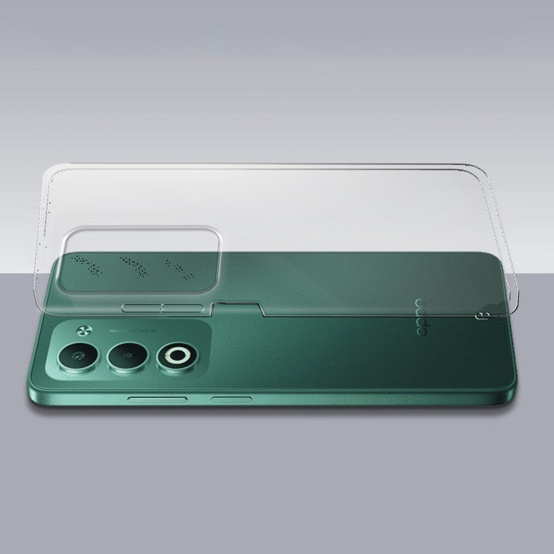 Transparent hard back case being installed on Oppo A5 5G showing perfect alignment and camera protection fit