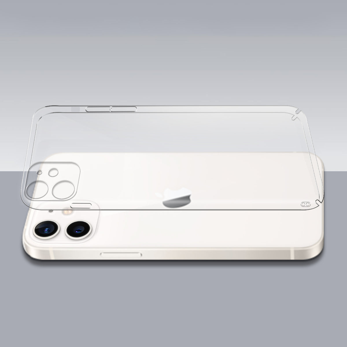 Transparent hard back case being installed on Apple iPhone 12 Mini showing perfect alignment and camera protection fit