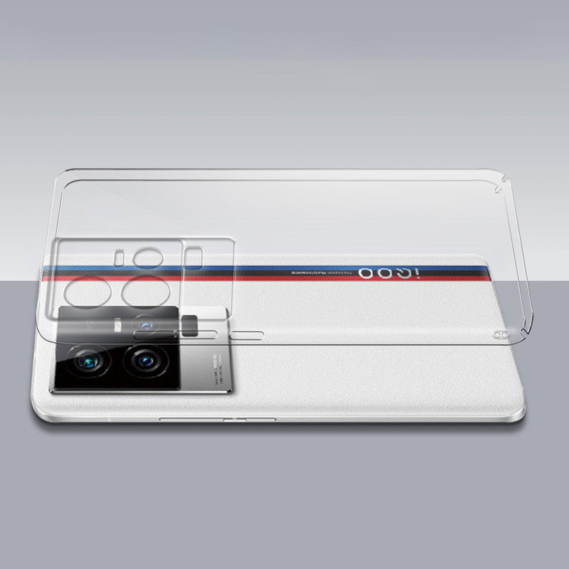 Transparent hard back case being installed on iQOO 11 5G showing perfect alignment and camera protection fit
