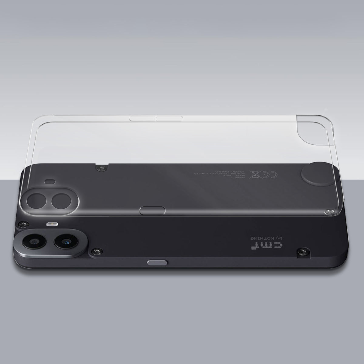 Transparent hard back case being installed on CMF Nothing Phone 1 showing perfect alignment and camera protection fit