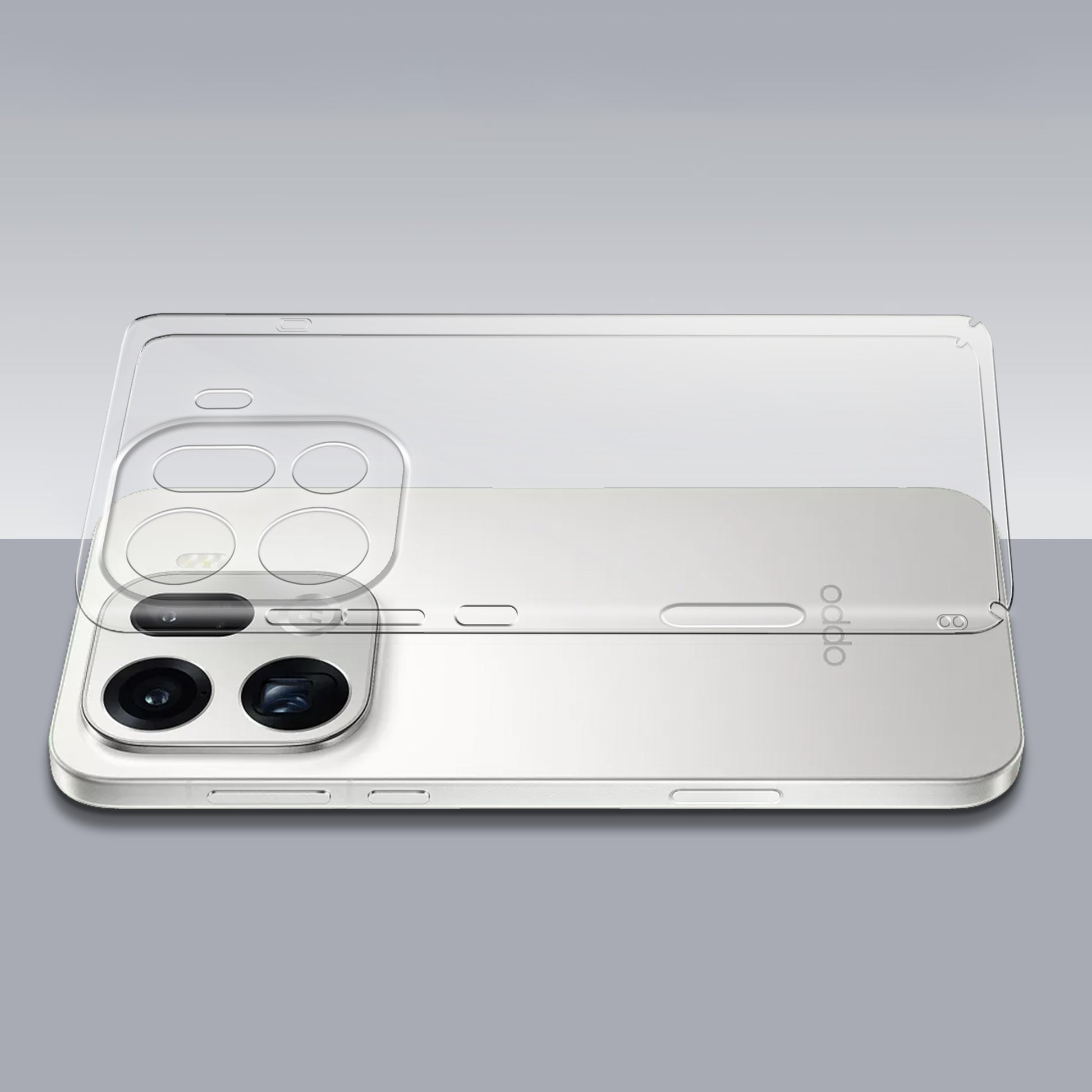 Transparent hard back case being installed on Oppo Find X9 Pro 5G showing perfect alignment and camera protection fit