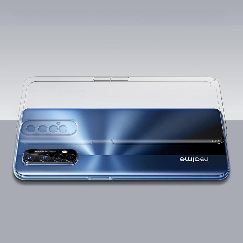 Transparent hard back case being installed on Realme 7 showing perfect alignment and camera protection fit