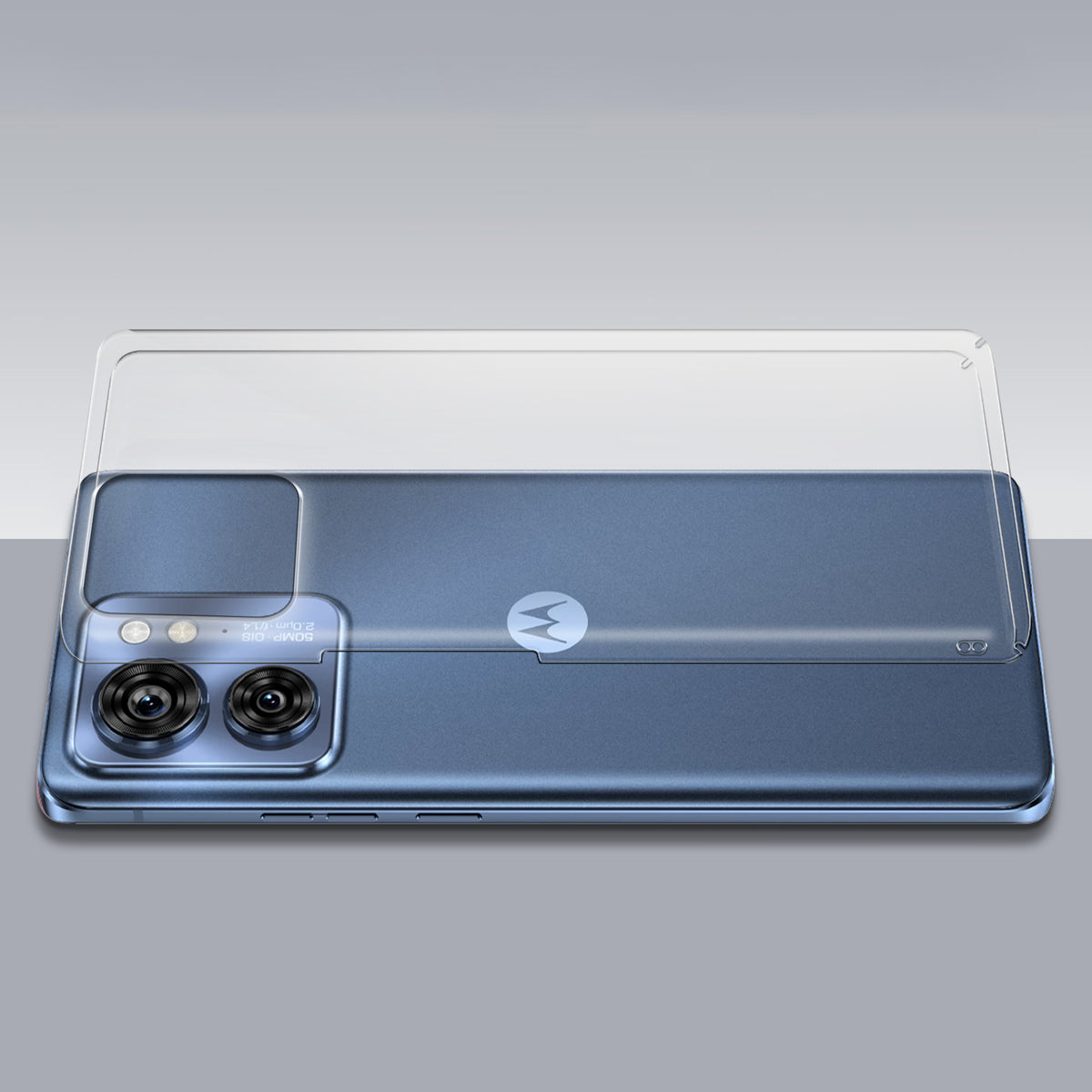 Transparent hard back case being installed on Motorola Moto Edge 40 5G showing perfect alignment and camera protection fit