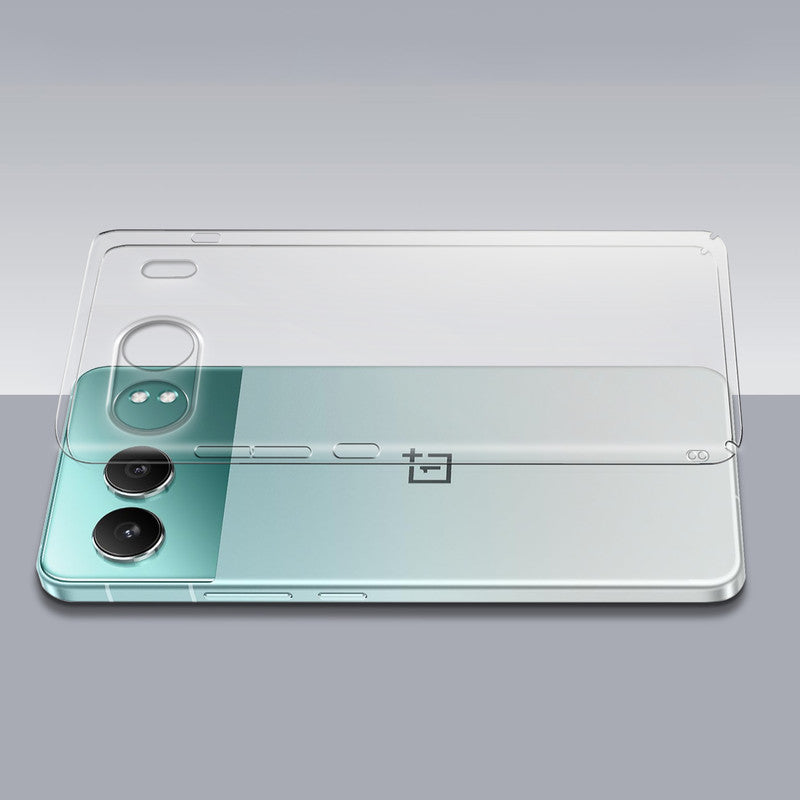 Transparent hard back case being installed on OnePlus Nord 4 5G showing perfect alignment and camera protection fit