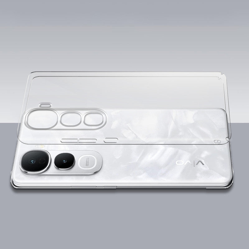 Transparent hard back case being installed on Vivo Y400 5G showing perfect alignment and camera protection fit