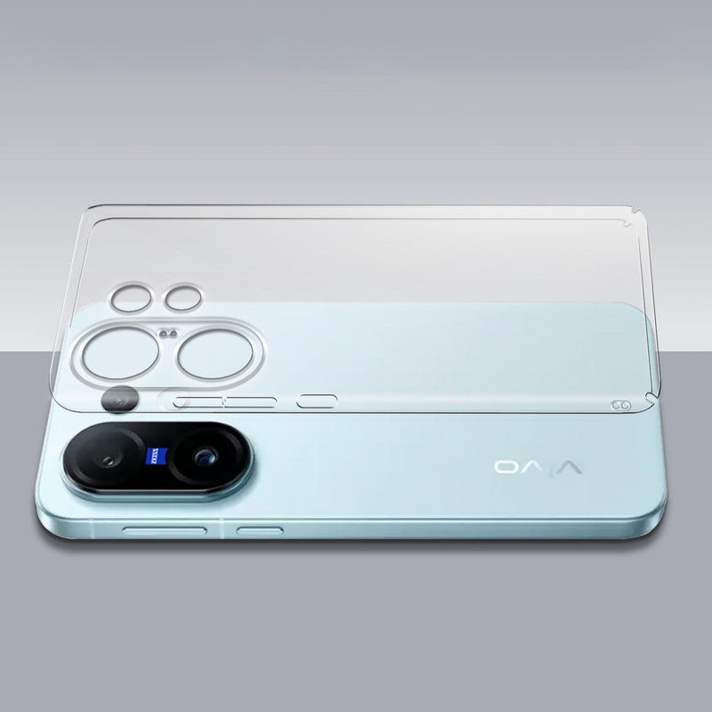 Transparent hard back case being installed on Vivo X200 FE 5G showing perfect alignment and camera protection fit