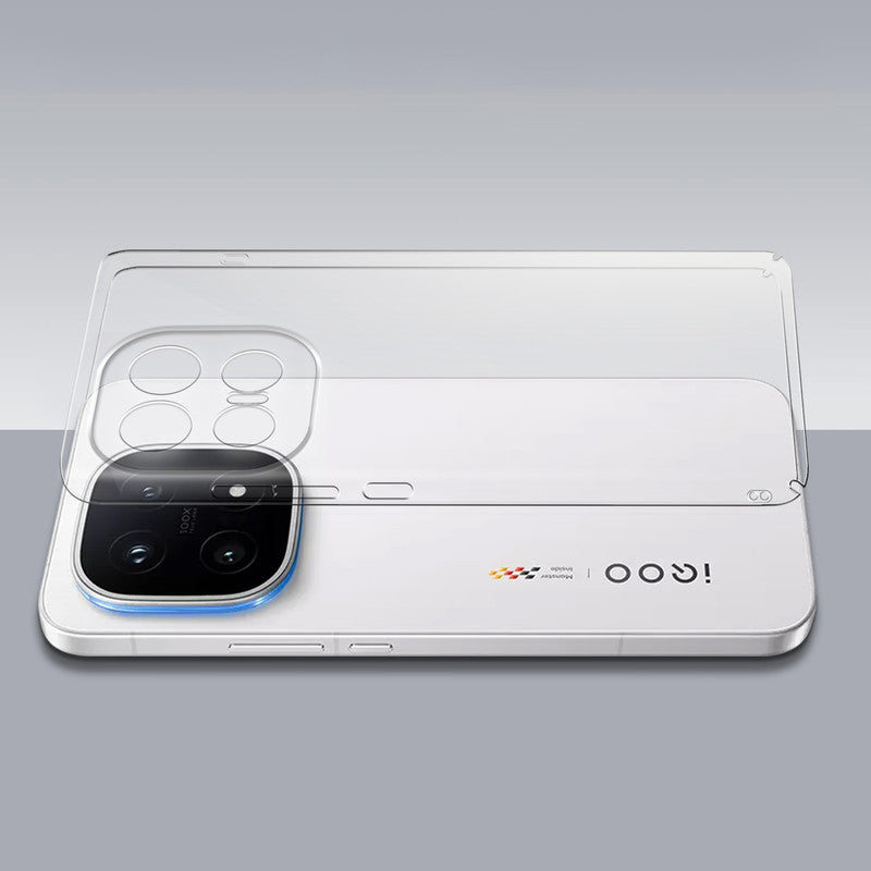 Transparent hard back case being installed on iQOO 15 5G showing perfect alignment and camera protection fit