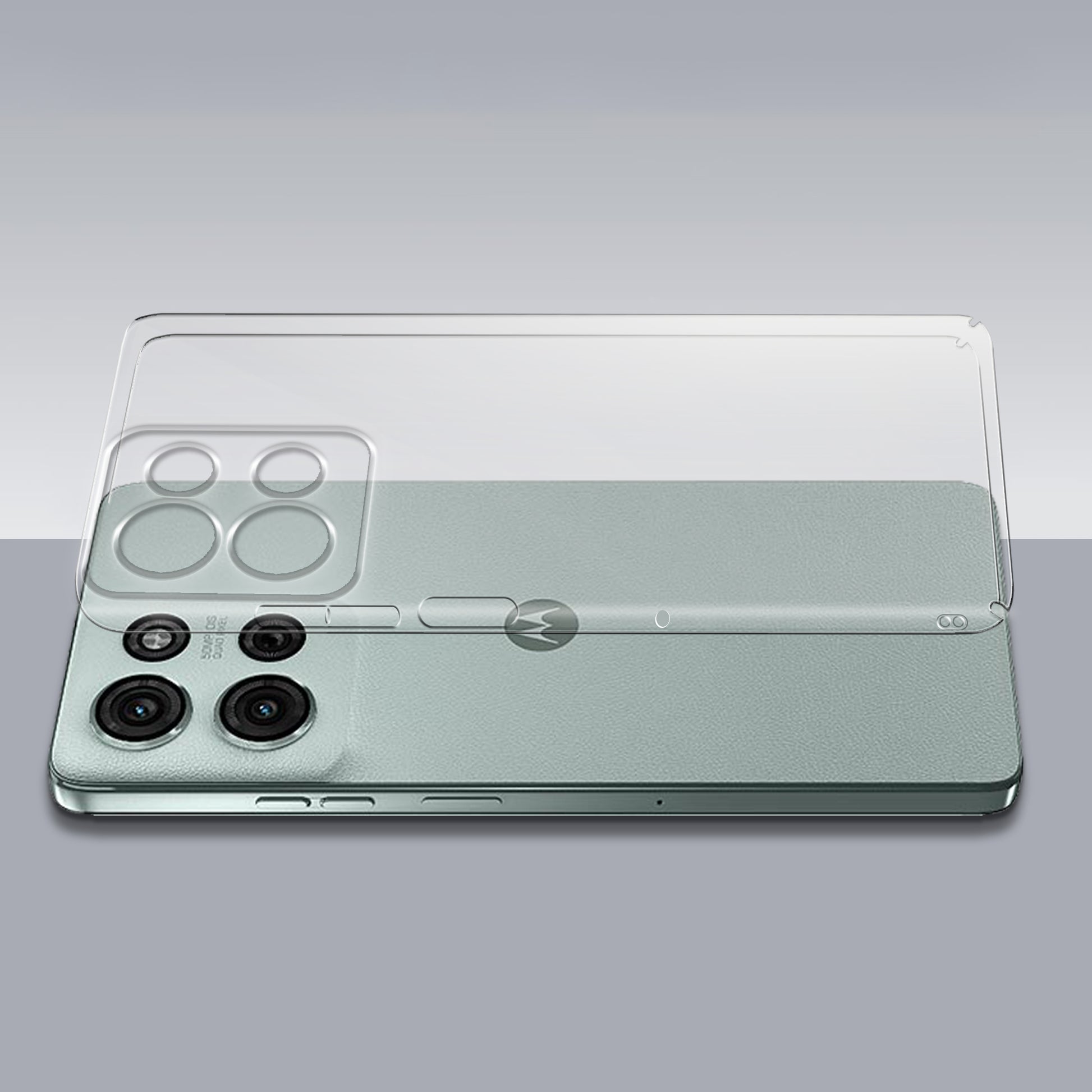 Transparent hard back case being installed on Motorola Moto G75 5G showing perfect alignment and camera protection fit