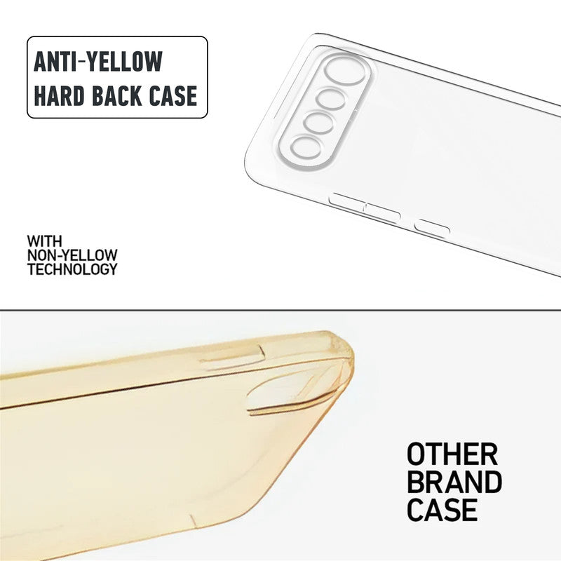 Anti-yellow hard back case comparison showing clear non-yellowing technology versus yellowed other brand case for Realme 16 5G