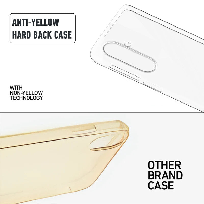 Anti-yellow hard back case comparison showing clear non-yellowing technology versus yellowed other brand case for Samsung M47 5G