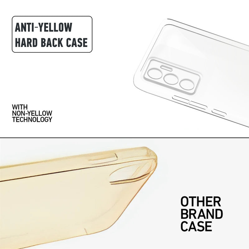 Anti-yellow hard back case comparison showing clear non-yellowing technology versus yellowed other brand case for Vivo V23e 5G