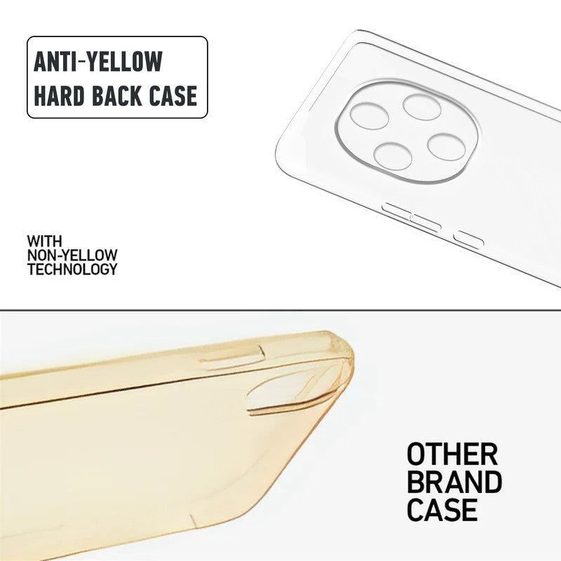 Anti-yellow hard back case comparison showing clear non-yellowing technology versus yellowed other brand case for Oppo F31 Pro 5G
