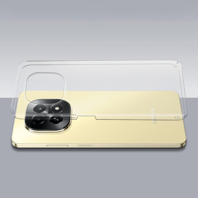 Transparent hard back case being installed on Realme C63 5G showing perfect alignment and camera protection fit