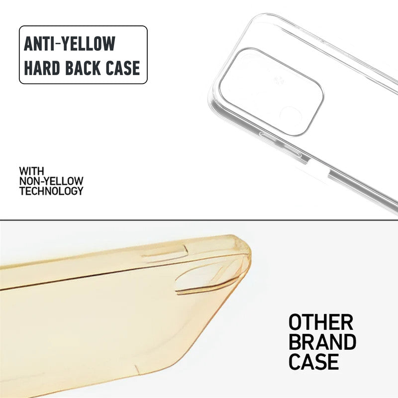 Anti-yellow hard back case comparison showing clear non-yellowing technology versus yellowed other brand case for Vivo Y31 Pro 5G