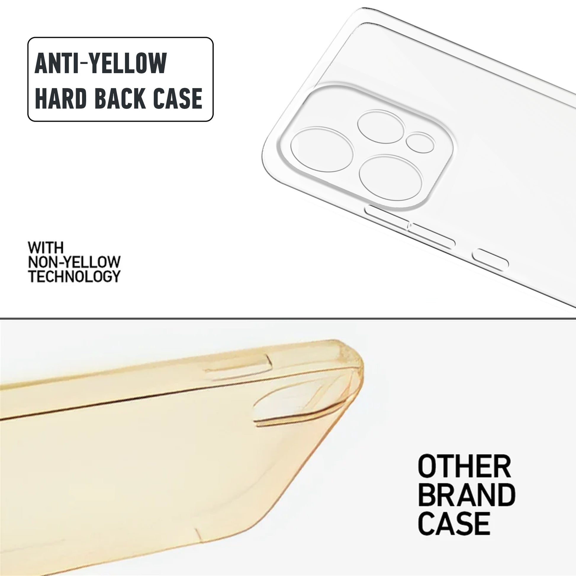 Anti-yellow hard back case comparison showing clear non-yellowing technology versus yellowed other brand case for Oppo Reno 15 5G