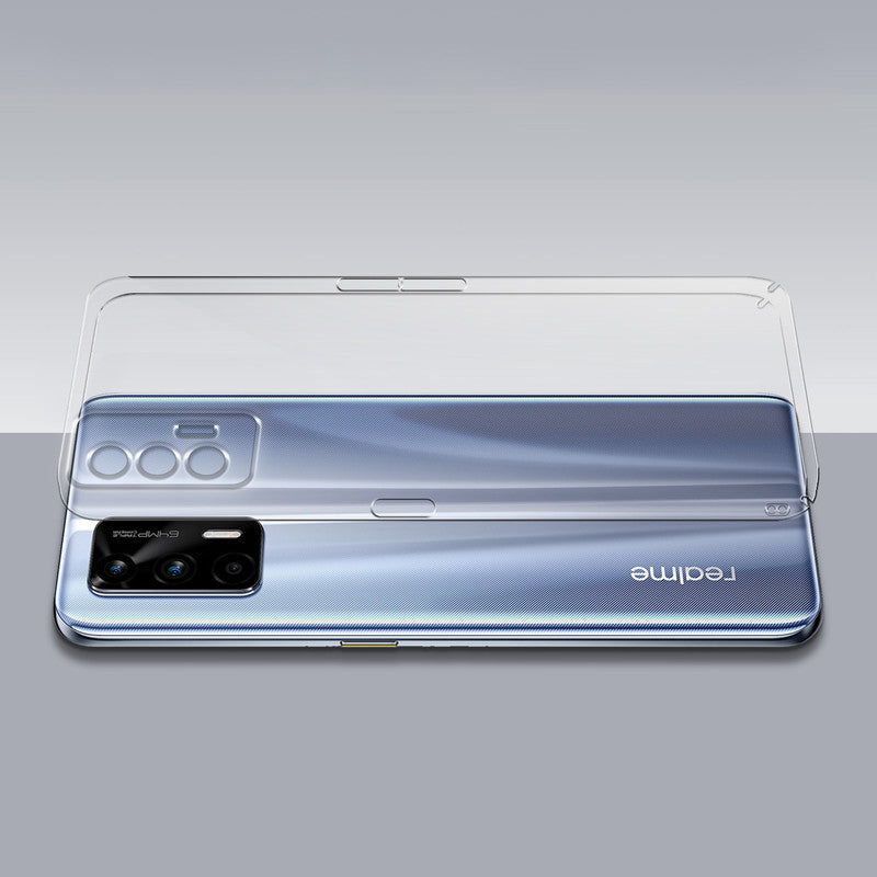 Transparent hard back case being installed on Realme GT 5G showing perfect alignment and camera protection fit