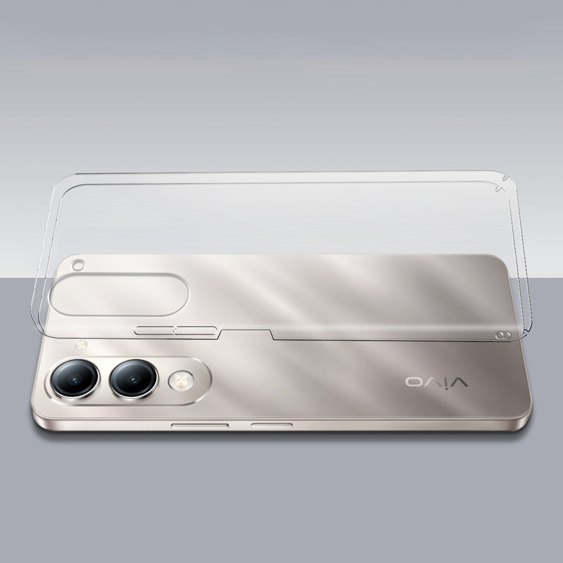 Transparent hard back case being installed on Vivo Y19e showing perfect alignment and camera protection fit