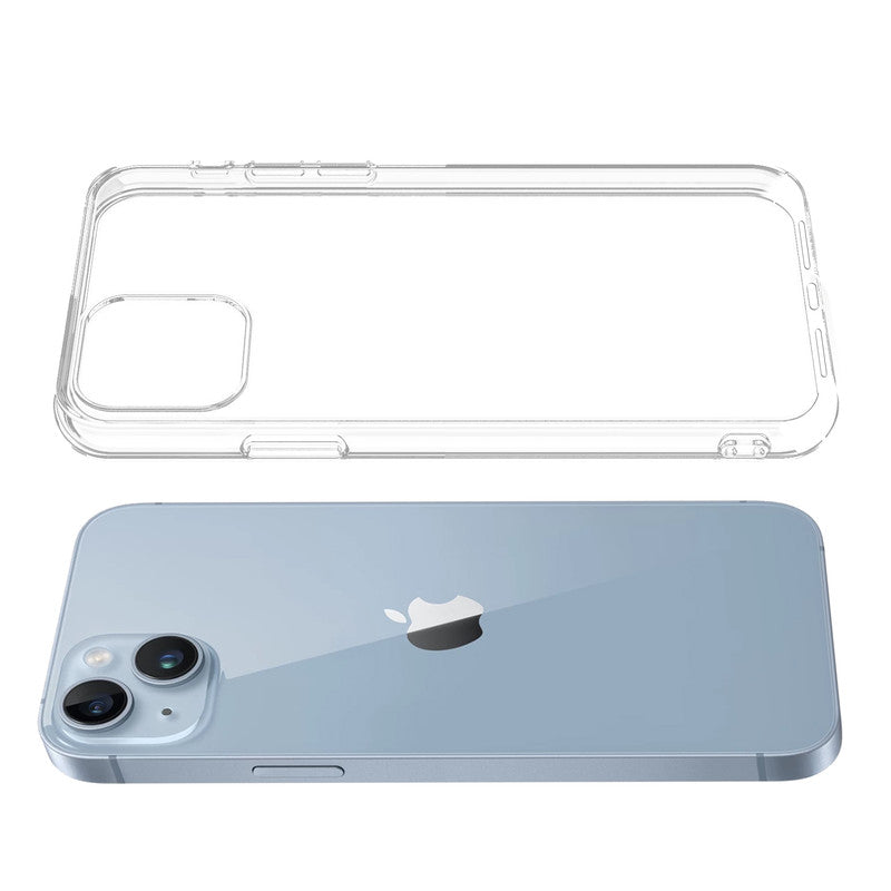 Transparent hard back case being installed on Apple iPhone 15 Plus showing perfect alignment and camera protection fit