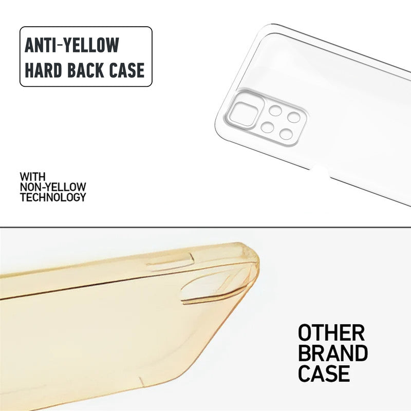 Anti-yellow hard back case comparison showing clear non-yellowing technology versus yellowed other brand case for Poco M4 Pro 5G