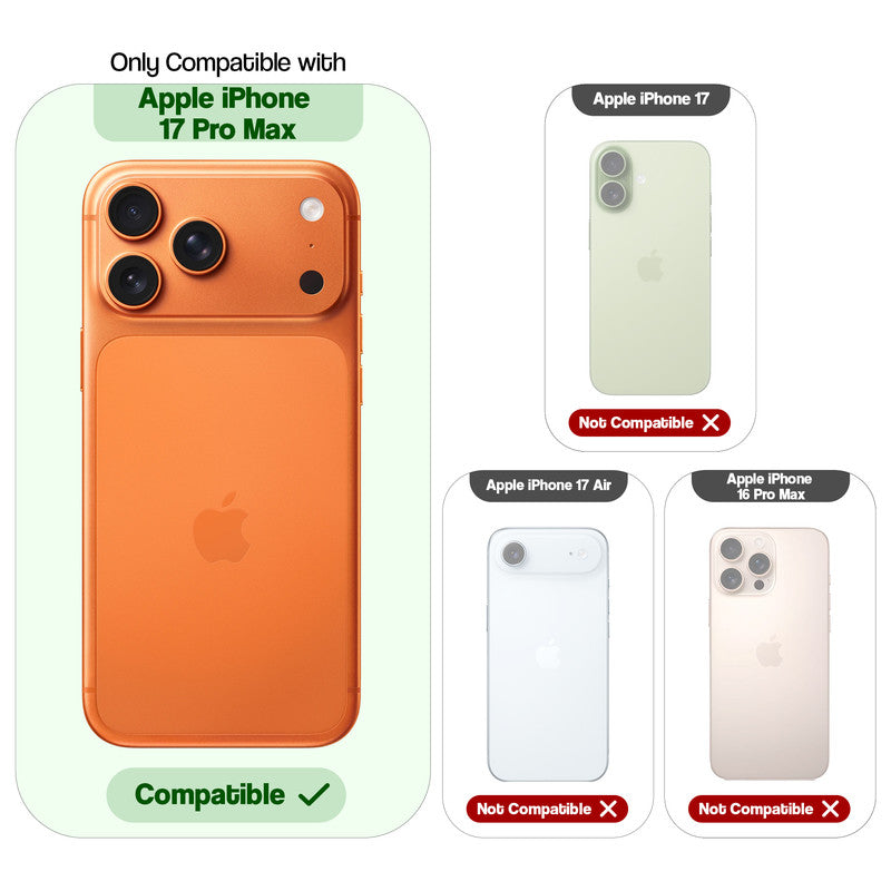 Clear hard back case compatibility guide showing fit for Apple iphone 17 Pro Max and not compatible with other models