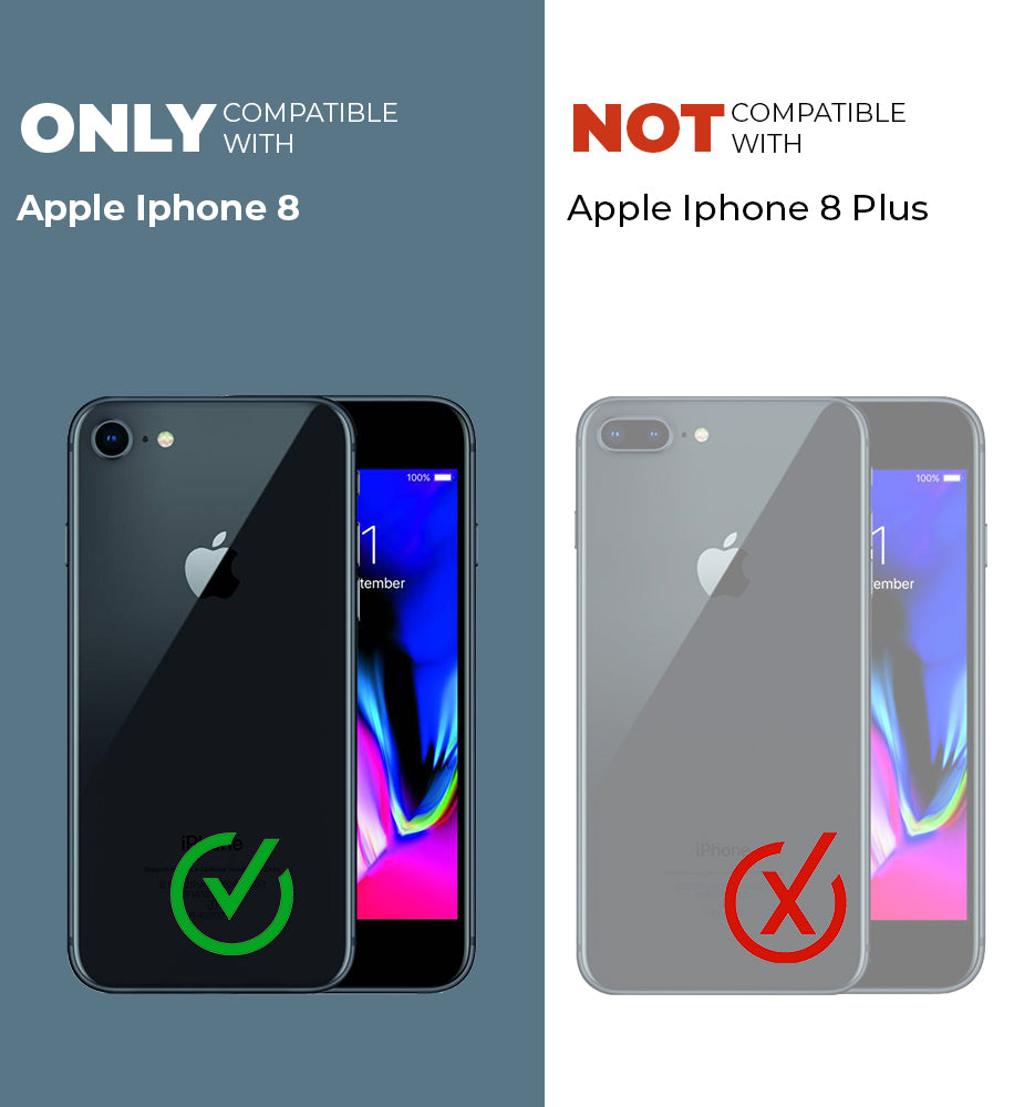 Clear hard back case compatibility guide showing fit for Apple iPhone 8 and not compatible with other models