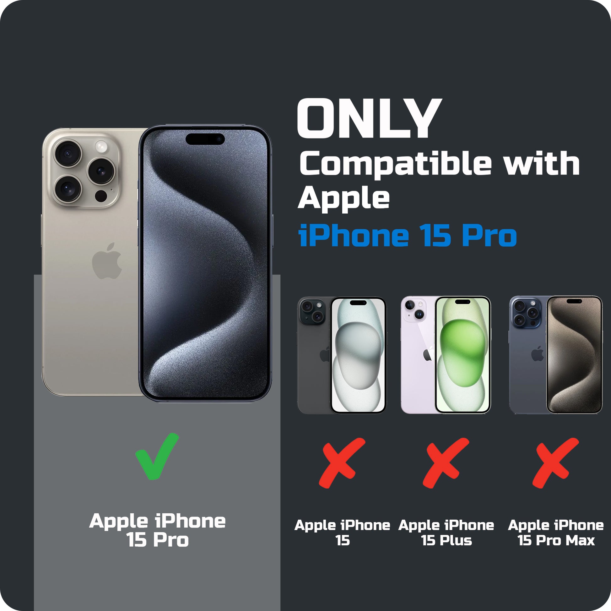 Compatibility comparison image showing iPhone 15 Pro supported, while other iPhone models are not compatible.