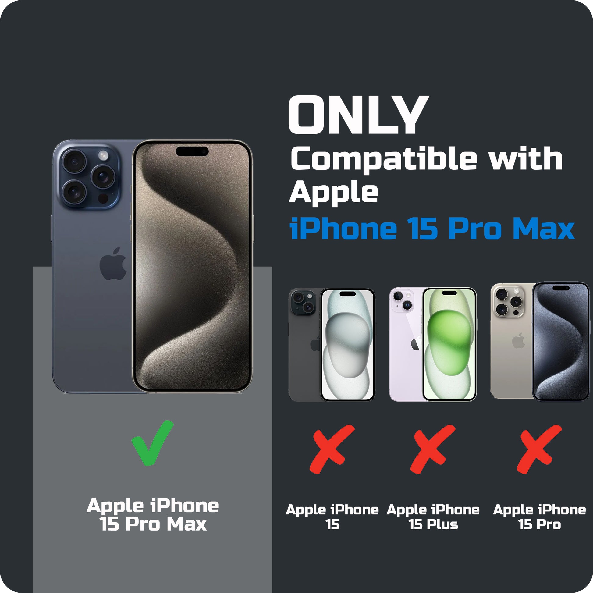 Compatibility comparison image showing iPhone 15 Pro Max supported, while other iPhone models are not compatible.