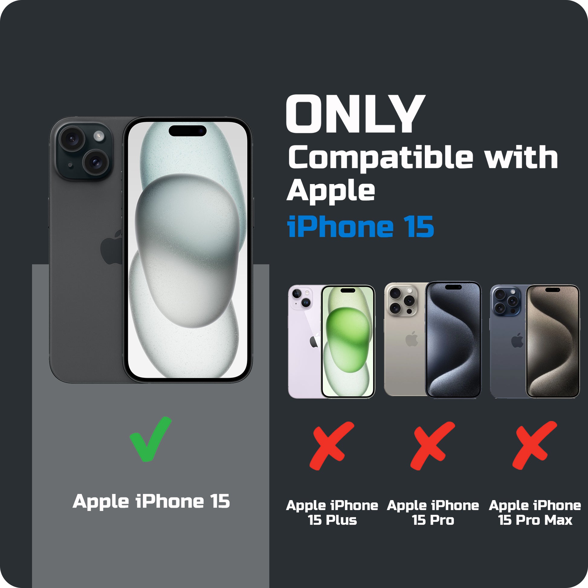 Compatibility comparison image showing iPhone 15 supported, while other iPhone models are not compatible.