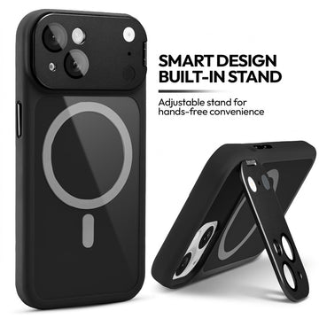 Apple iPhone 14 Case with MagSafe Compatibility, Flip-Open Camera Cover Stand, Glossy Glass Back & Metallic Buttons