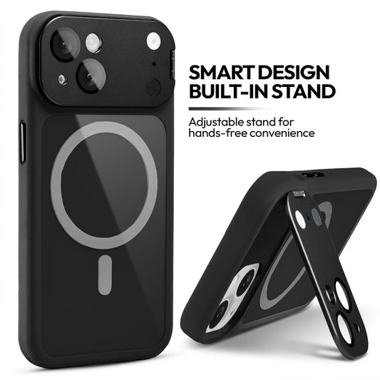 Apple iPhone 15 Case with MagSafe Compatibility, Flip-Open Camera Cover Stand, Glossy Glass Back & Metallic Buttons
